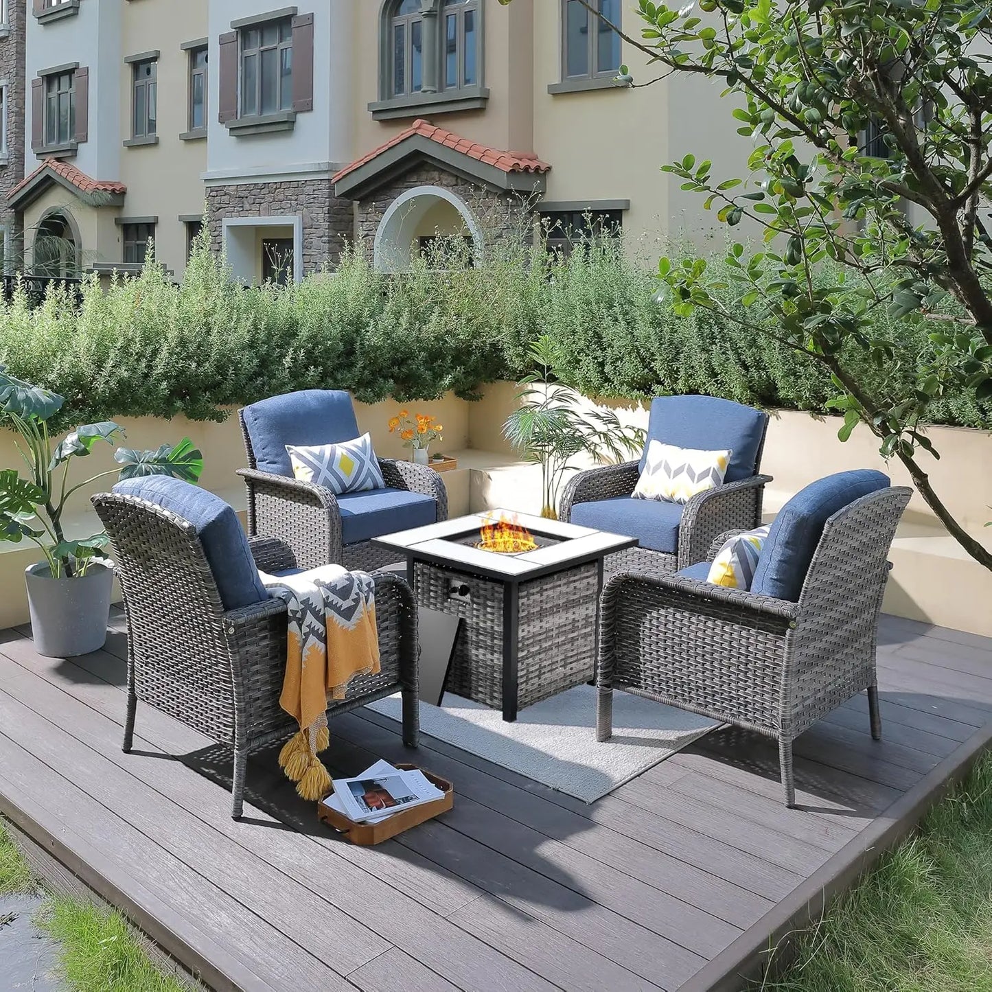 4 Pieces Patio Furniture Set with Fire Pit Table, Outdoor Wicker Chairs of 4, All Weather High Back Rattan Chairs 4 Seats