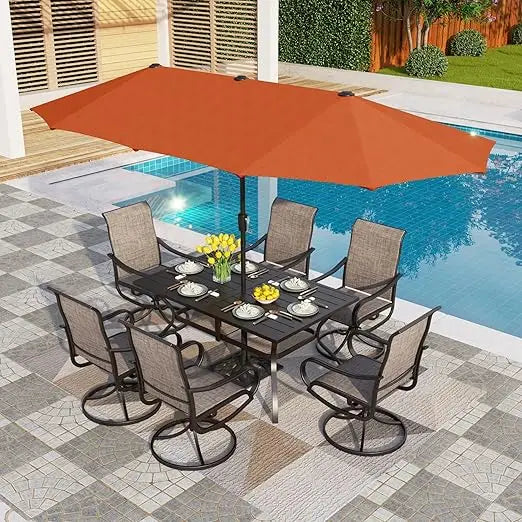 8PCS Patio Dining Set,with 13ft Large Patio Umbrella, 6Outdoor Swivel Chairs & 1 Rectangle Metal Table,Outdoor Dining Table Sets