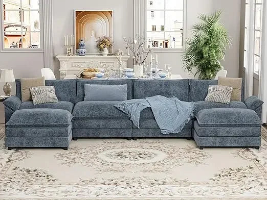 U Shaped Chenille Fabric Couch , with High Supportive & Soft Sponges and Removable Ottoman,Sectional Modular Sofa