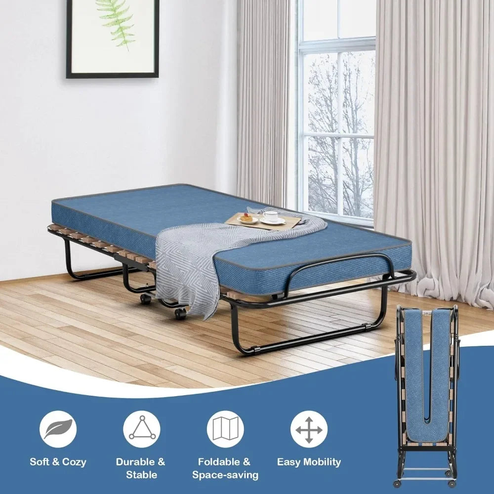 Rollaway Folding Bed with Soft Memory Foam Mattress, Portable Sleeper Bed Cot Size with Metal Frame for Adults