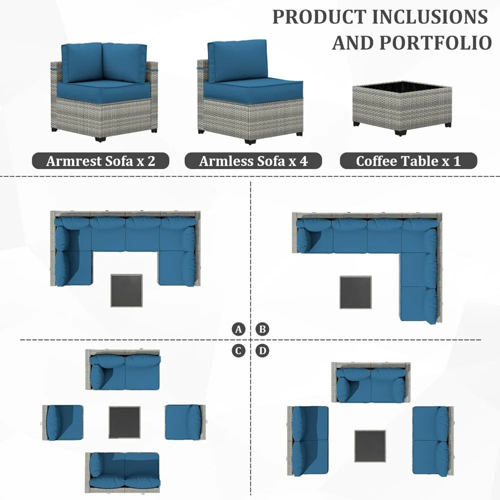 7-Piece Outdoor Patio Furniture Set, Gradient Wicker Sectional Sofa, Wicker Patio Conversation Set, Garden Furniture Sets