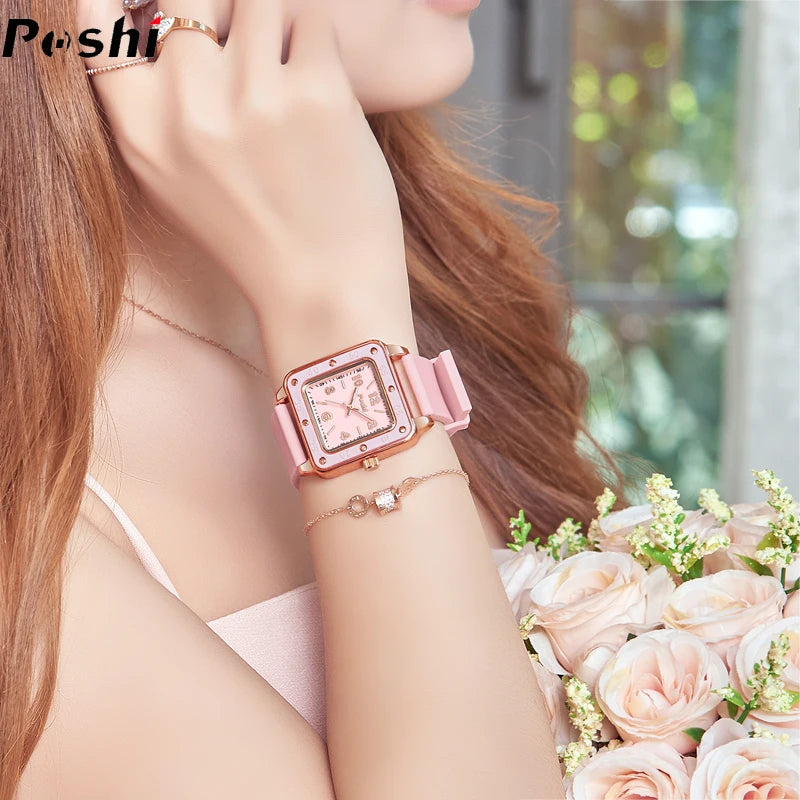 POSHI New Watch for Women Fashion Casual Quartz Wristwatches Silicone Strap Green Dial Women's Business Watches Montre Femme