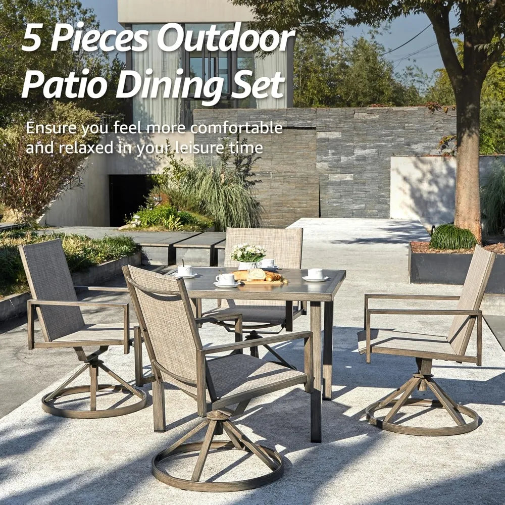 Patio Swivel Dining Set, 4-Piece Mesh Sling High Back Chairs,1-Piece Square Woodgrain Steel Dining Table ,Garden Furniture Sets