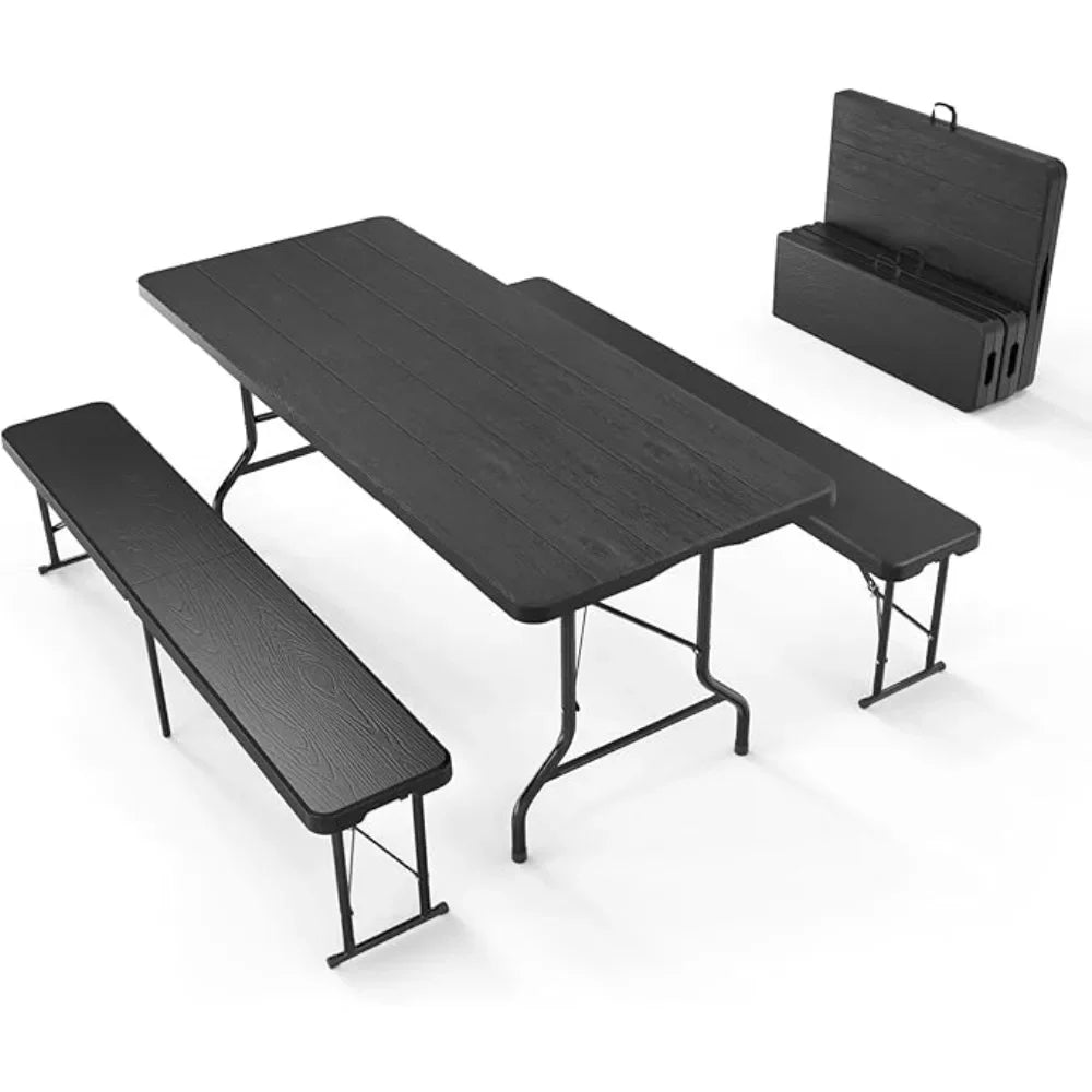 Picnic Table with 2 Benches, 6 Feet Camping Tables Chair Set,3-Piece Folding Furniture, Camping Table