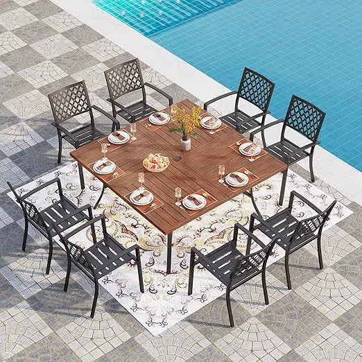 9 Pieces Outdoor Dining Set, Wood-Like Large Square Metal Steel Dinings Table& Stackable Iron Chairs,Patio Dining Furniture Sets