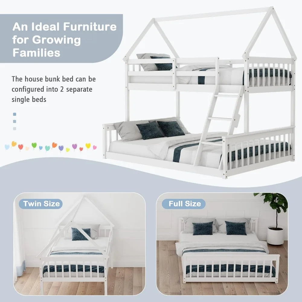 Twin Over Full Bunk Bed, Solid Wood House Bed Frame Built in Ladder & Safety Guardrails, Convertible to 2 Beds, Floor Bunk Bed