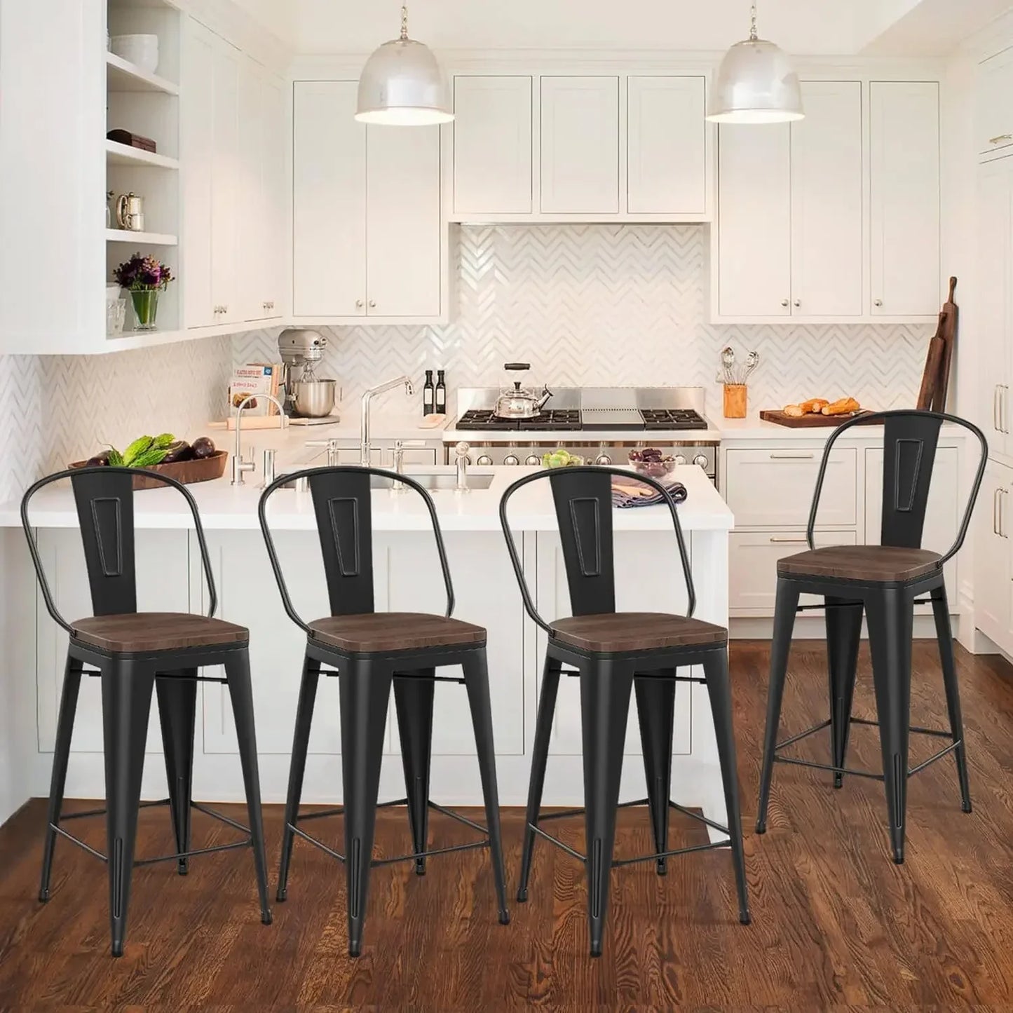 24" High Back Barstools Metal Stool with Wooden Seat Counter Height Bar Stools Living Room Chairs for Kitchen Bar 4-piece set