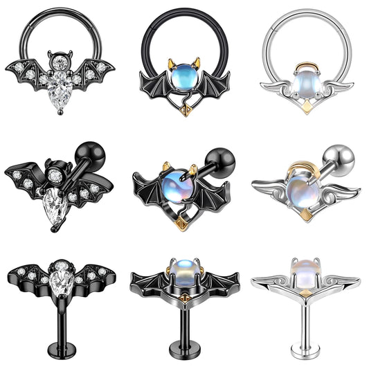 ZS 16G 1PC Devil Septum Ring for Halloween Party Stainelss Steel Angle Studs Earring Jewelry Crystal Bat Lip Labret Piericngs