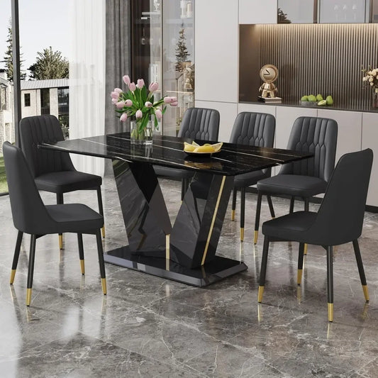 Black Dining Room Table Set for 6, Modern Marble Dining Table with 6 Metal Leg Chairs Kitchen Table Chair Set for Dining Room