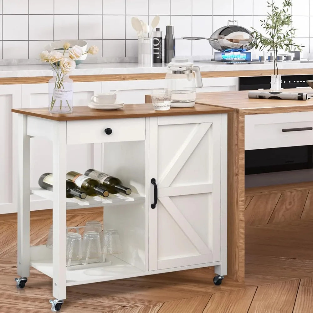 Kitchen Island, Microwave Cart with Storage with Drawer Wine Rack, Kitchen Cart, Coffee Bar with Adjustable Shelf Island Table