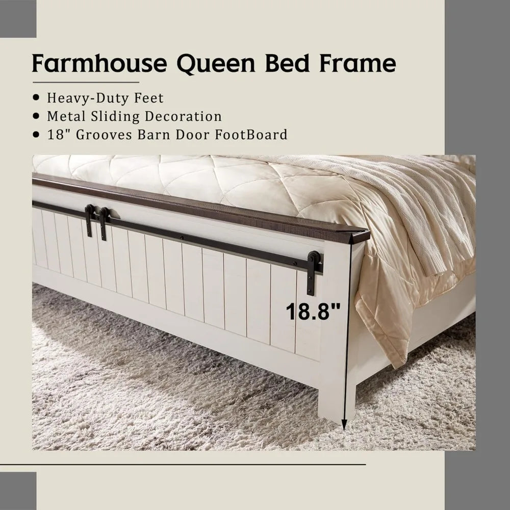 Twin Room Bunk Double Bed Wood Bed Frame With Groove Sliding Barn Door Footboard Queen Beds No Box Spring Needed (White) Bedroom