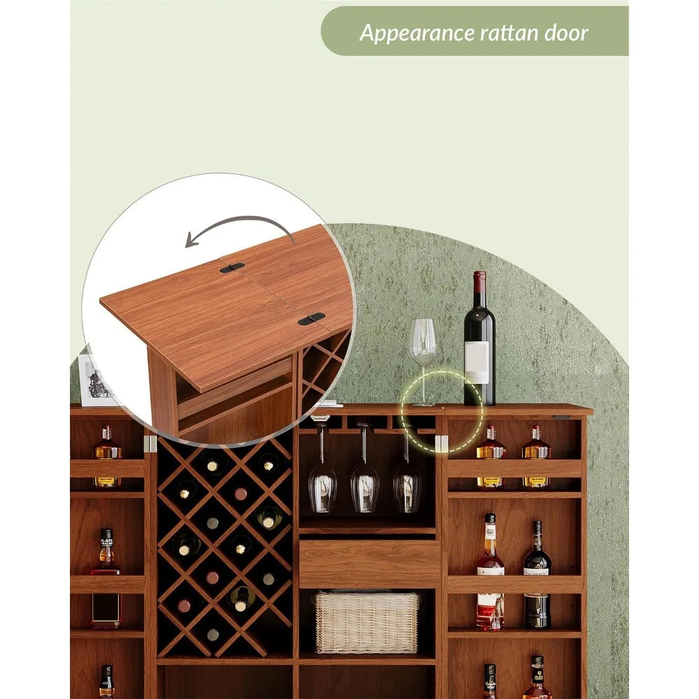 Home Coffee Bar Cabinet Rustic Foldable Sideboard Buffet Storage Cabinet with Wine Bottle Holder & Wine Glass Holder,