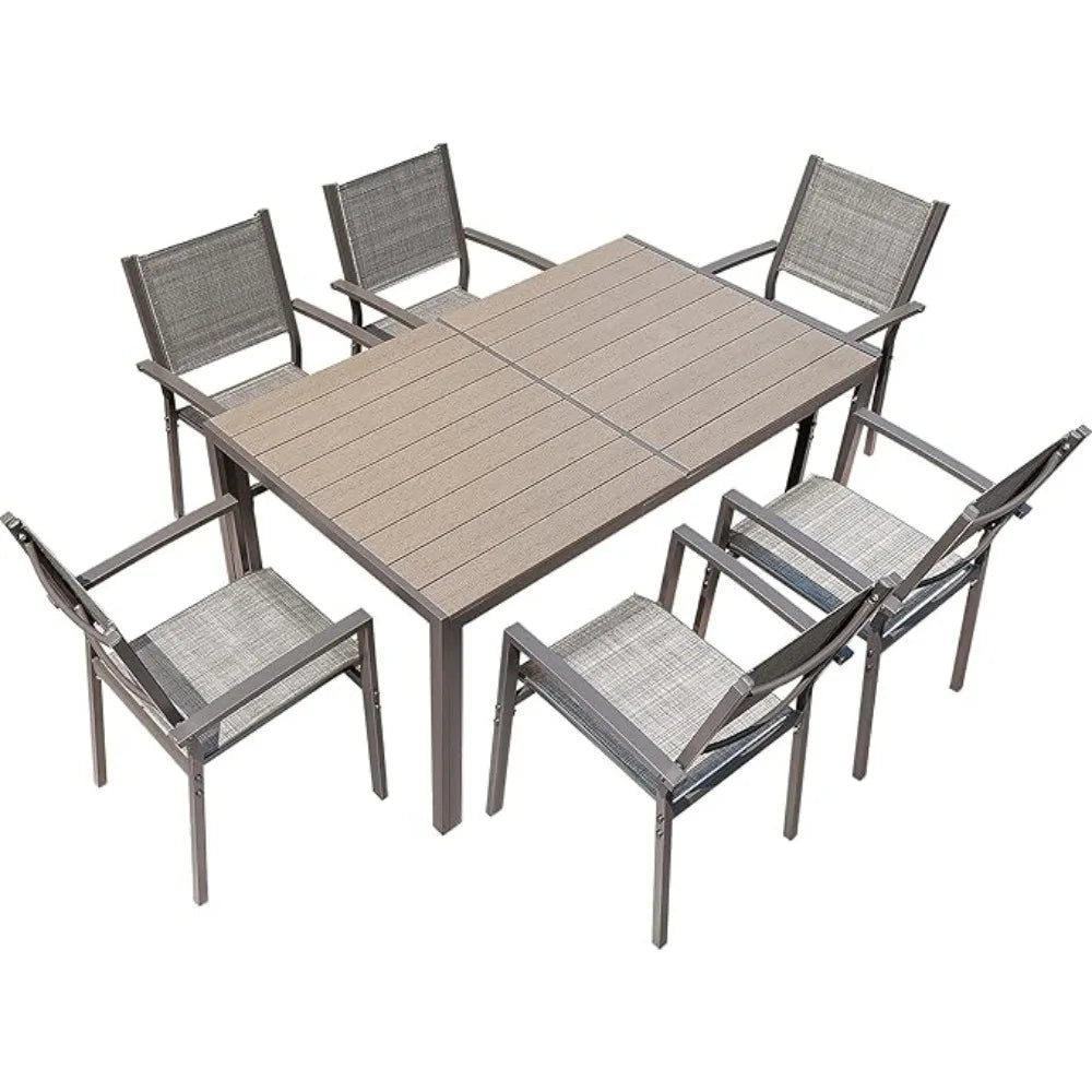 Patio Furniture Set for 7 Piece,with Weather Resistant Table 6 Stackable Textilene Chairs and Large Table, Outside Furniture Set