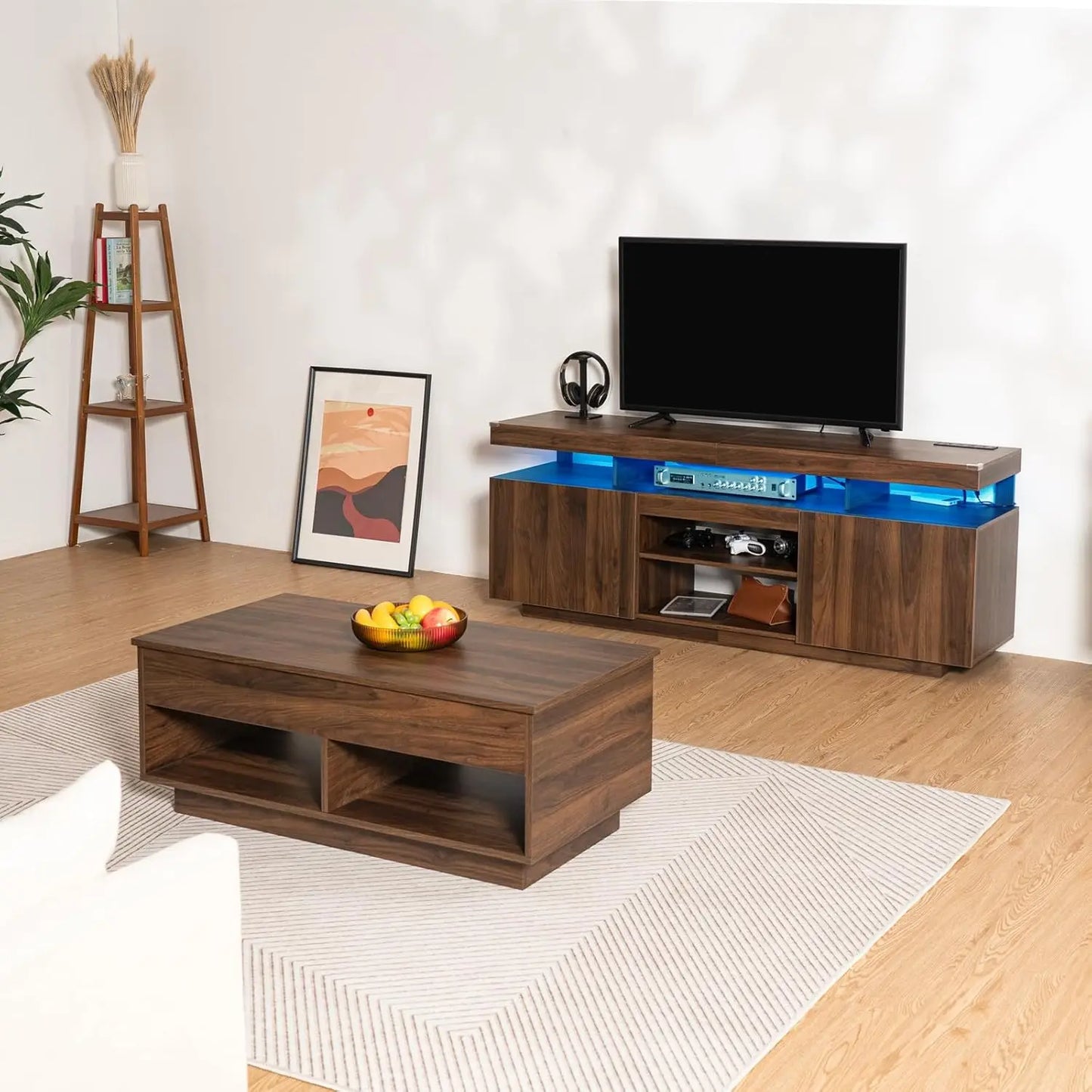 LED Lift Top Coffee Table and TV Stand Set of 2,Modern LED Entertainment Center with Power Outlets for up to 70" TV