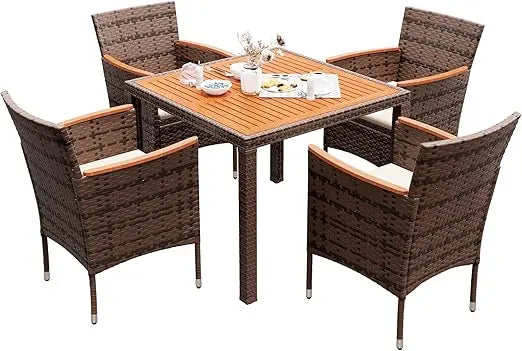 5 PCS Rattan Outdoor Dining Sets, with Acacia Wood Top,and Chairs for Backyard, Garden, Deck,Outdoor Patio Conversation Set