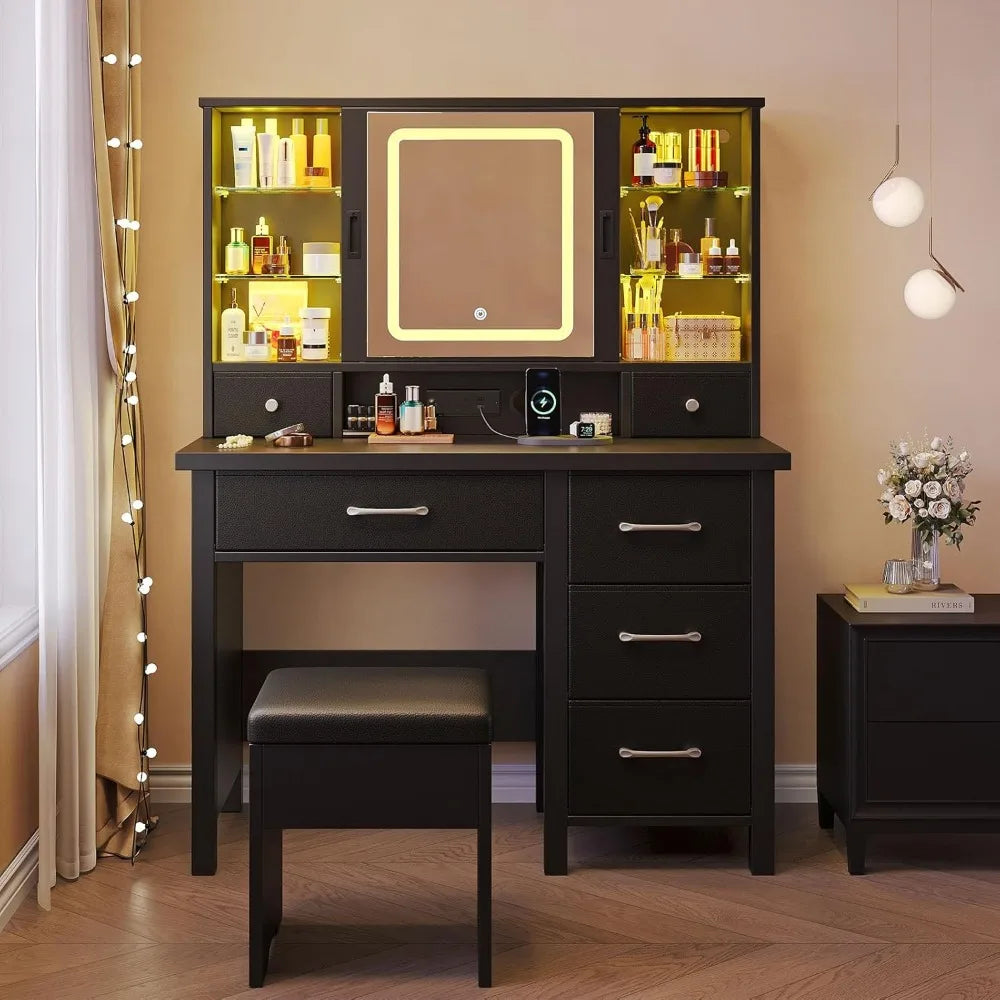 Vanity Desk with Lighted Sliding Mirror & Power Outlet,6 Storage Drawers Makeup Table with LED Strip and Glass Shelves