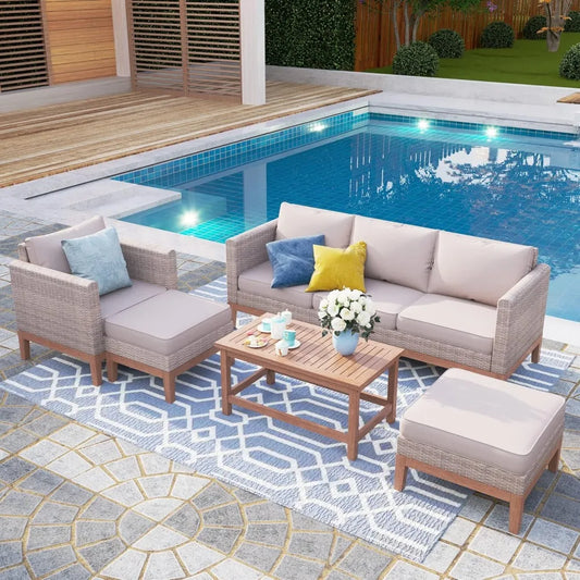 5-Piece Patio Wicker Furniture Set,with Ottoman, Acacia Wood Coffee Table for Poolside,Outdoor Sectional Rattan Cushion Sofa