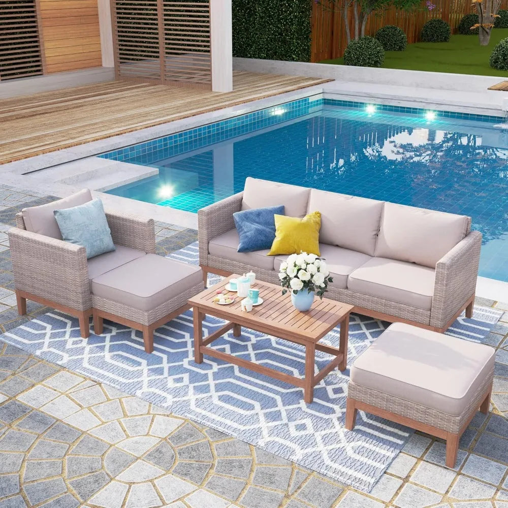 5-Piece Patio Wicker Furniture Set,with Ottoman, Acacia Wood Coffee Table for Poolside,Outdoor Sectional Rattan Cushion Sofa