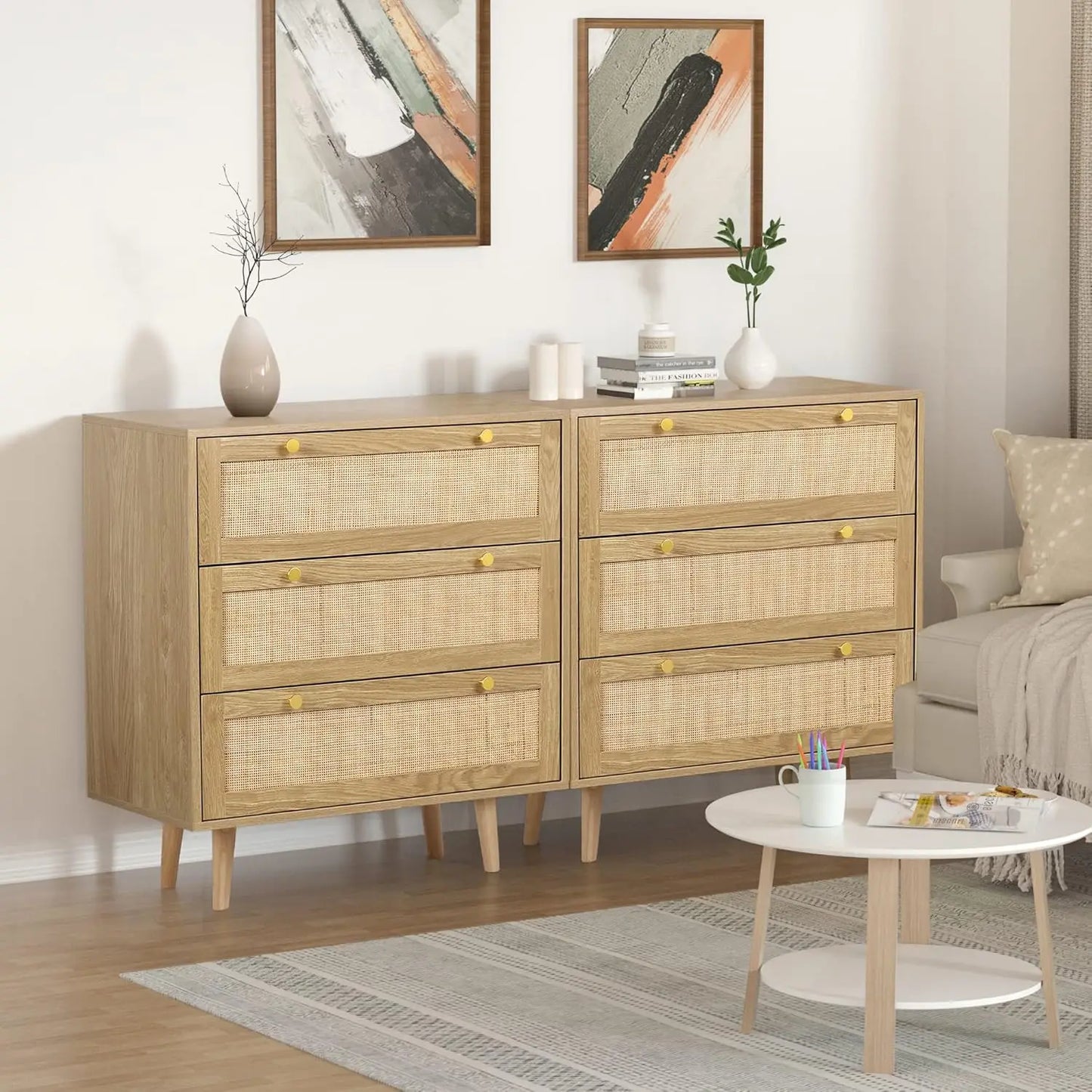 3 Drawer Dresser for Bedroom, Rattan Dresser Modern Wood Chest of Drawers with Spacious Storage for Bedroom Hallway Living Room,