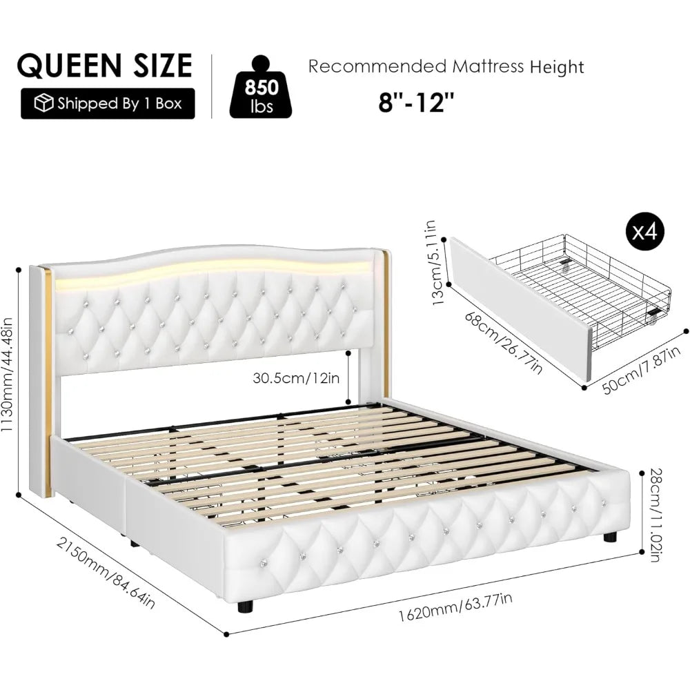 LED Platform Bed Frame with 4 Storage Drawers, Crystal Button-Tufted & Stainless Gold Trim Wingback Headboard, Bed Bases