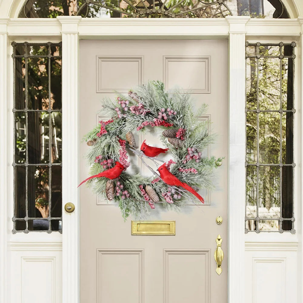 Wreath Rattan Wreath Decorated Pine Cone Cardinal Bird Wreath Christmas Simulation Pine Cone Door Hanging Outdoor Decoration