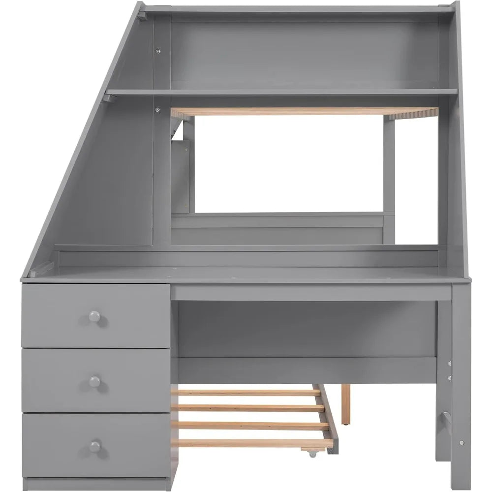 Twin Over Full Bunk Bed, Wood BunkBed Frame with Trundle and Built-in Desk, Three Storage Drawers and Shelf, Space-Saving Design