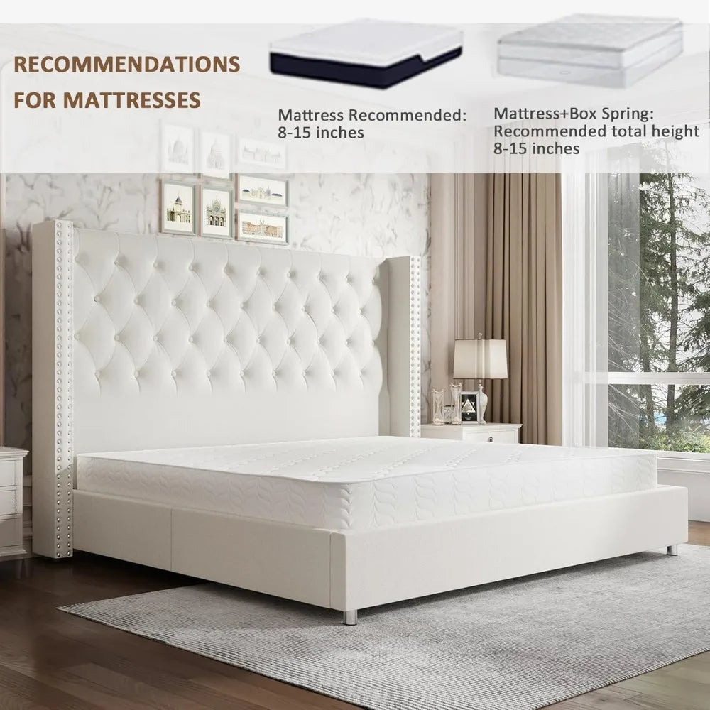 King Bed Frame Upholstered Bed Wingback Headboard Velvet Tufted Diamond Button/No Box Spring Needed/Easy Assembly/Cream Beds