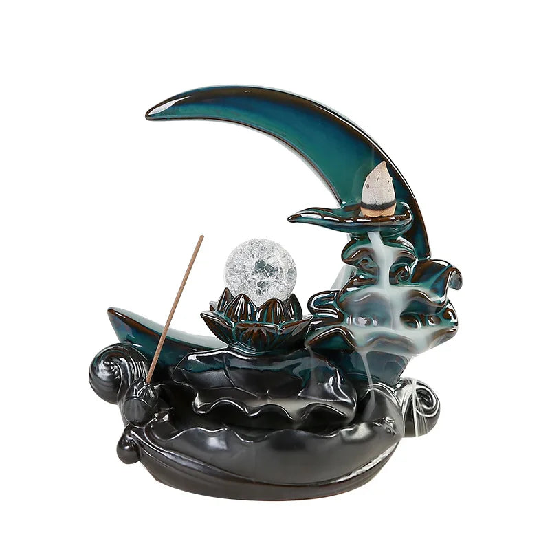 Blue Lotus Flowback Incense Burner Smoke Waterfall Backflow Incense Holder for Home Decor Aromatherapy With Crystal Ball