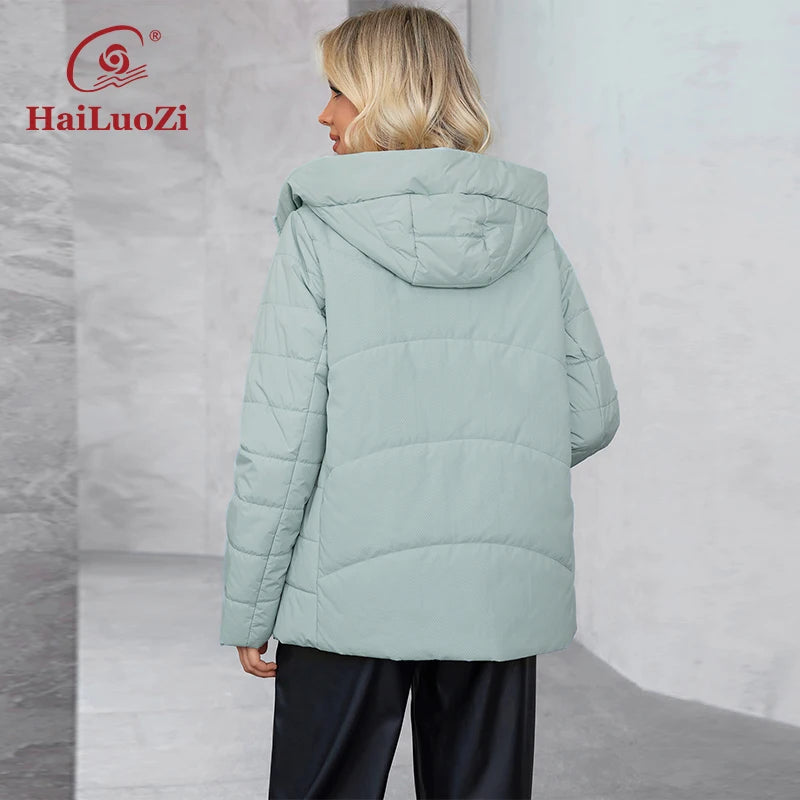 HaiLuoZi 2024 new Plus size women's jacket Hooded side pockets winter thin solid color high quality women's casual jacket 3358