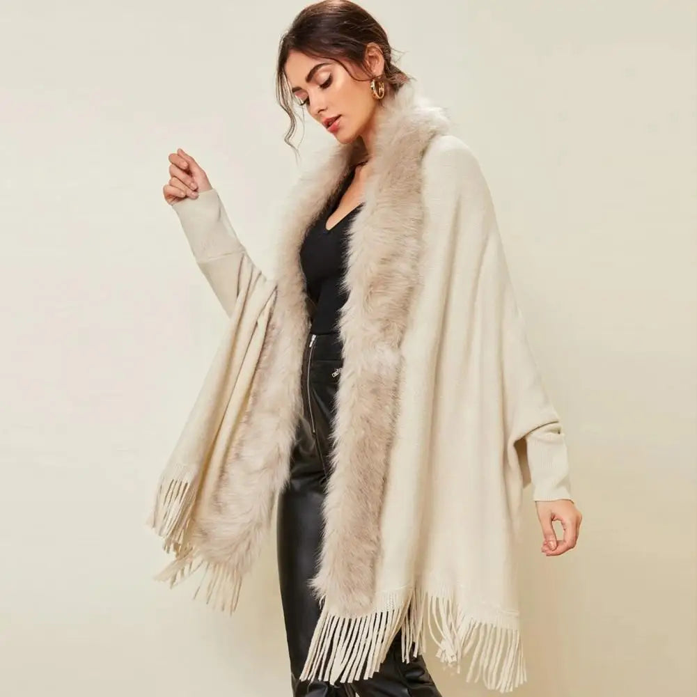 2022 Lady Sweater Coat Faux Fur Collar Luxury Tassel Hem Knitted Cardigan Coat Shawl Autumn Winter Women Cape Poncho Outerwear