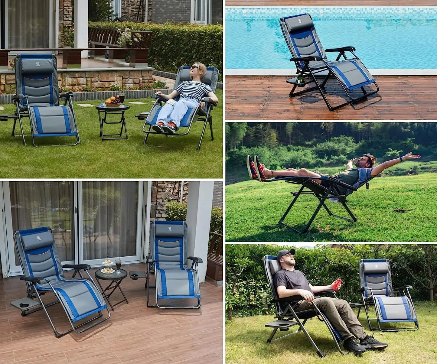 Set of 2 Oversize XL Zero Gravity Recliner Padded Patio Lounger Chair with Adjustable Headrest Support 350lbs (Blue)