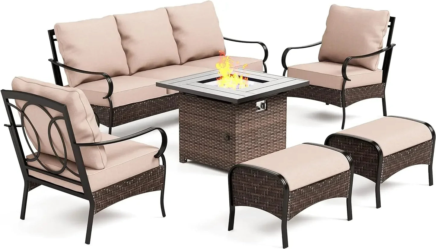 6 Pieces Outdoor Patio Furniture Set with Fire Pit Table, Large Outdoor Conversation Sets for 7, Metal Patio Furniture Set