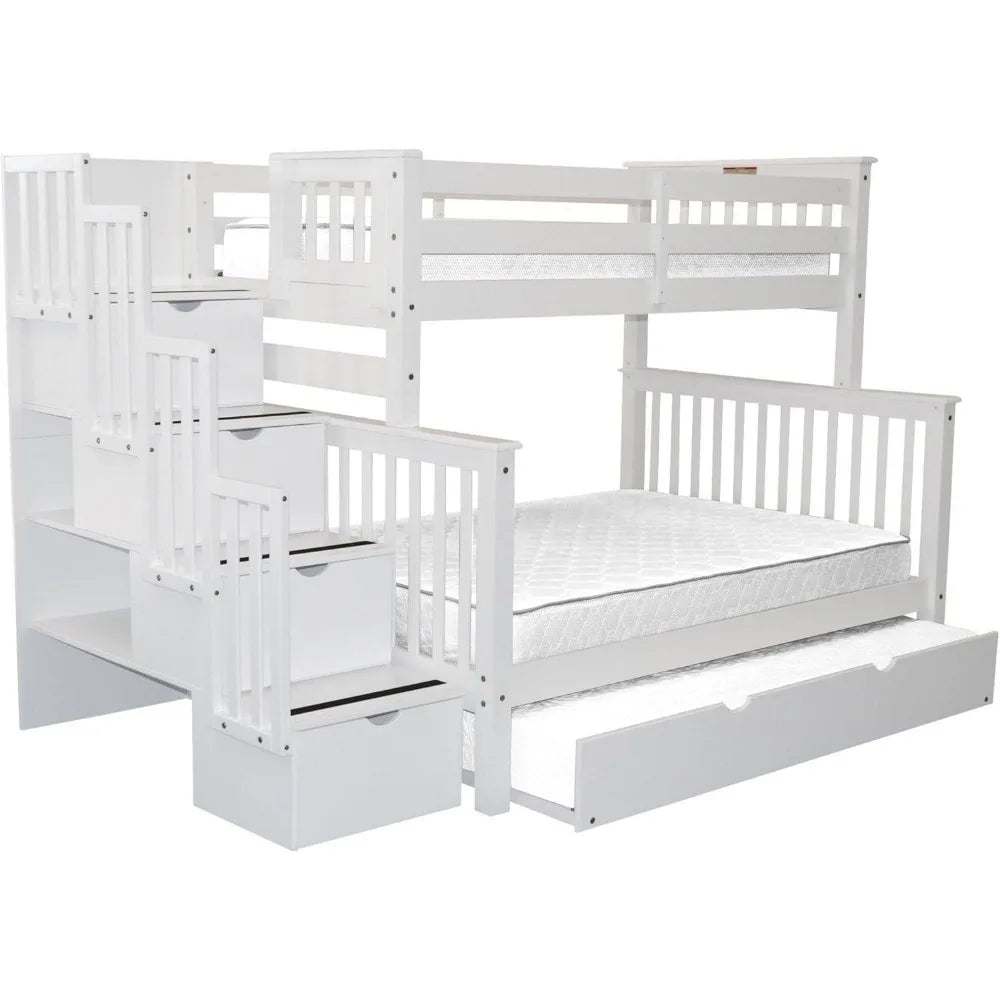 Bunk Bed, King Stairway Bunk Beds Twin Over Full with 4 Drawers in The Steps and A Twin Trundle, Wood Bunk Bed Frame