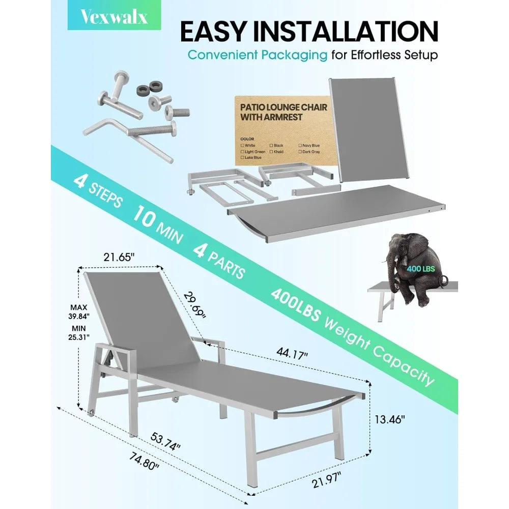 Patio Chaise Lounge Chair Outdoor with Wheels&Armrests, Aluminum Pool Lounge Chairs Five-Position Adjustable Recliner