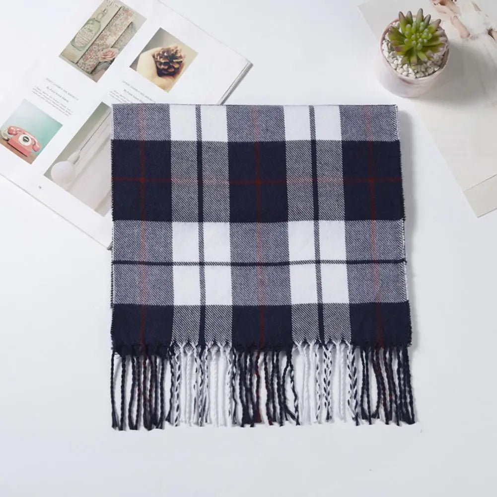 Versatile Men Scarf Men Plaid Scarf Stylish Plaid Pattern Men's Scarf with Tassel Trim Long Wrap Imitation Cashmere for Daily