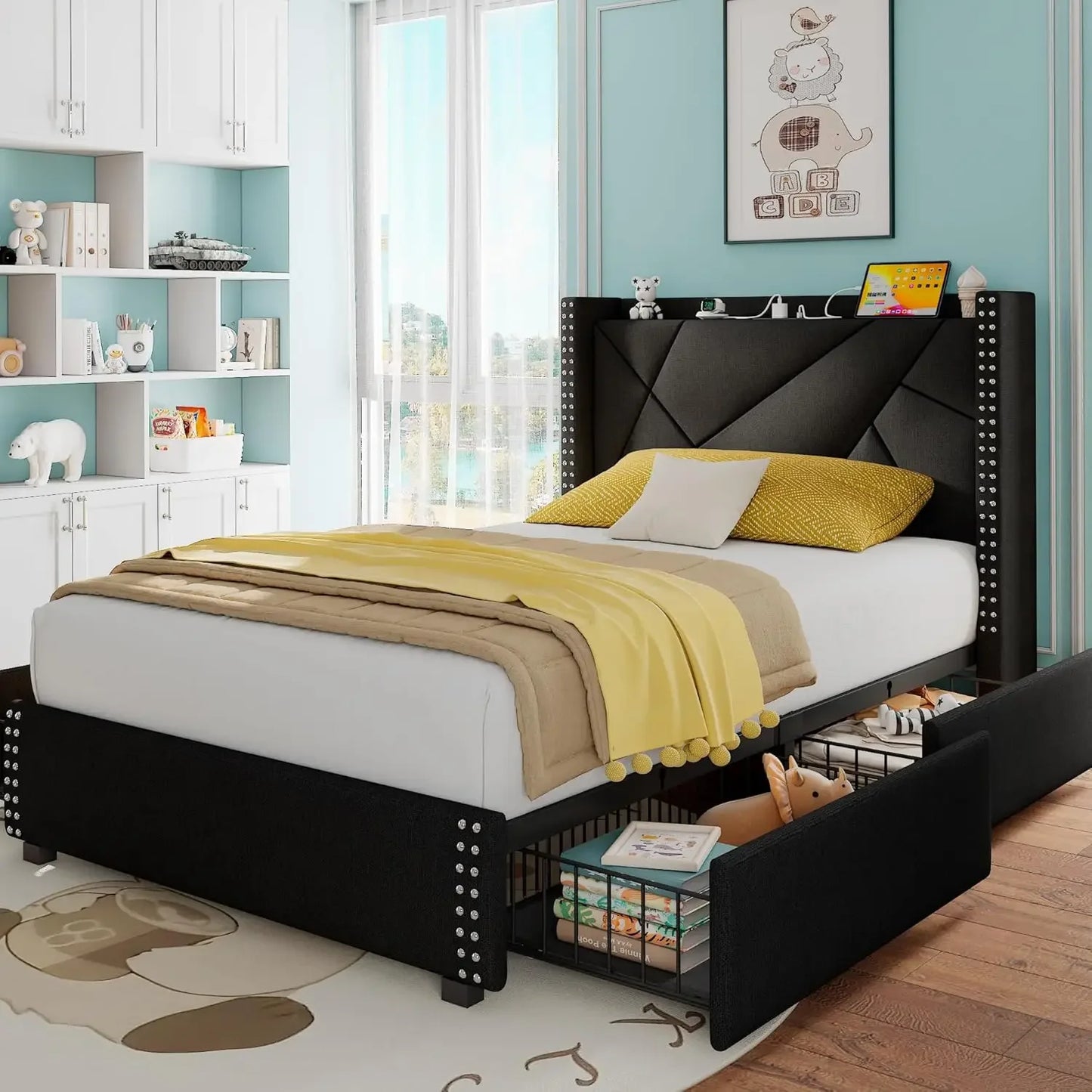 Queen Bed Frame with 4 Storage Drawers, Upholstered Platform Bed Frame with Charging Station & Wingback Headboard, Solid Wood