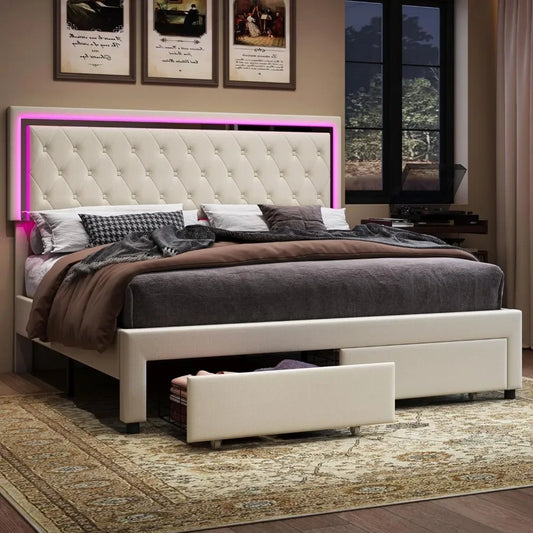 Queen Size Bed Frame with LED Lights&Storage Drawers,No Box Spring Needed,Velvet Upholstered Platform Bed Suitable for bedrooms