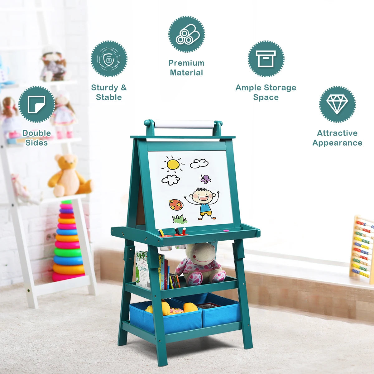 3 in 1 Double-Sided Storage Art Easel w/Paint Cups for Kid Writing Teal Frosting