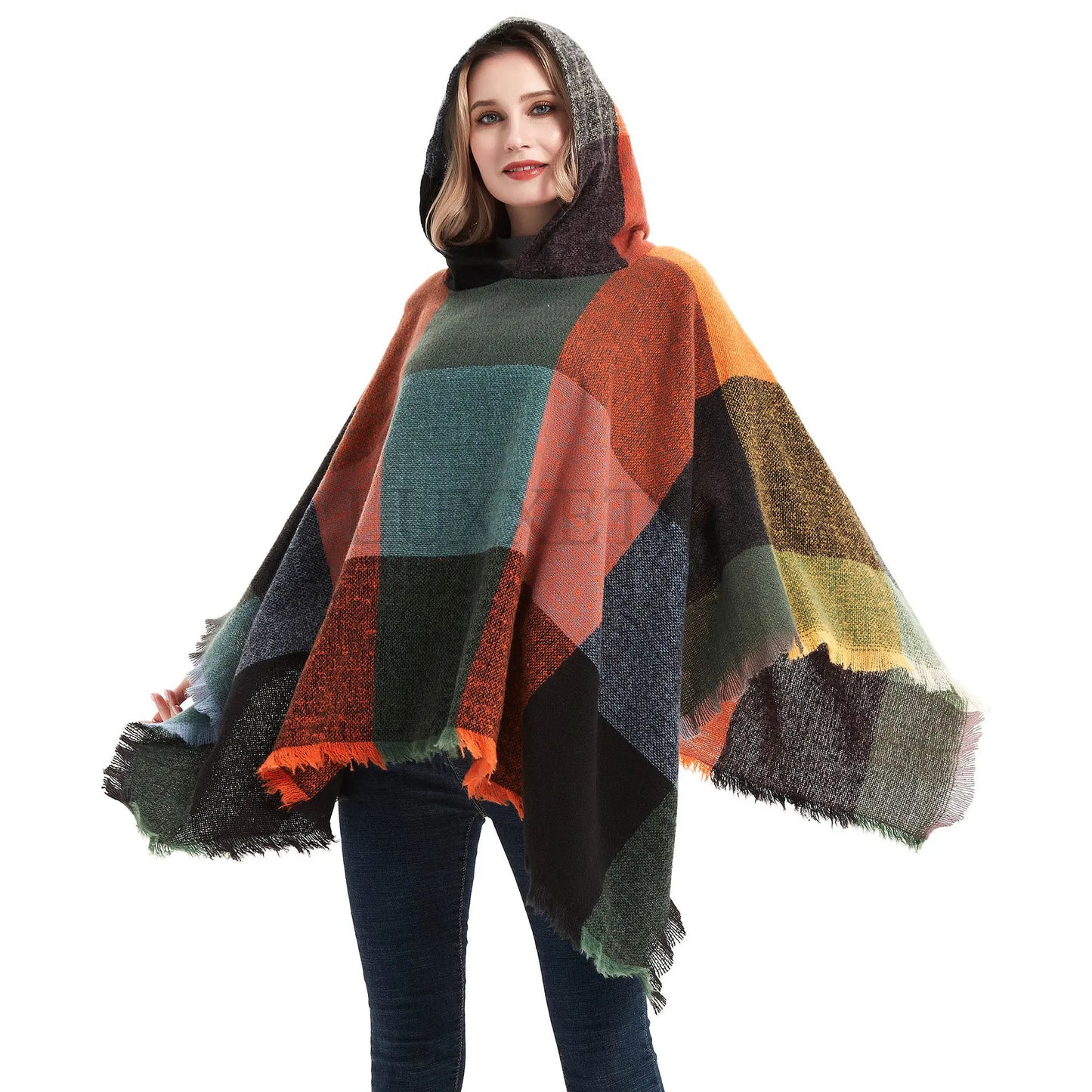 Ladies Hooded Plaid Cape Square Sweater Thicken Winter Shawl Wraps Blanket Scarf Coat Ponchos for Women