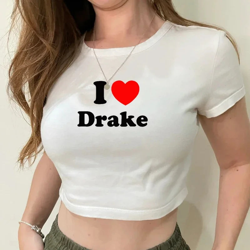 I Love Drake Red Love Heart Women Cropped Top Harajuku Causal Baby Tee Y2k Fashion Clothes Summer Short Sleeved T Shit O Necks