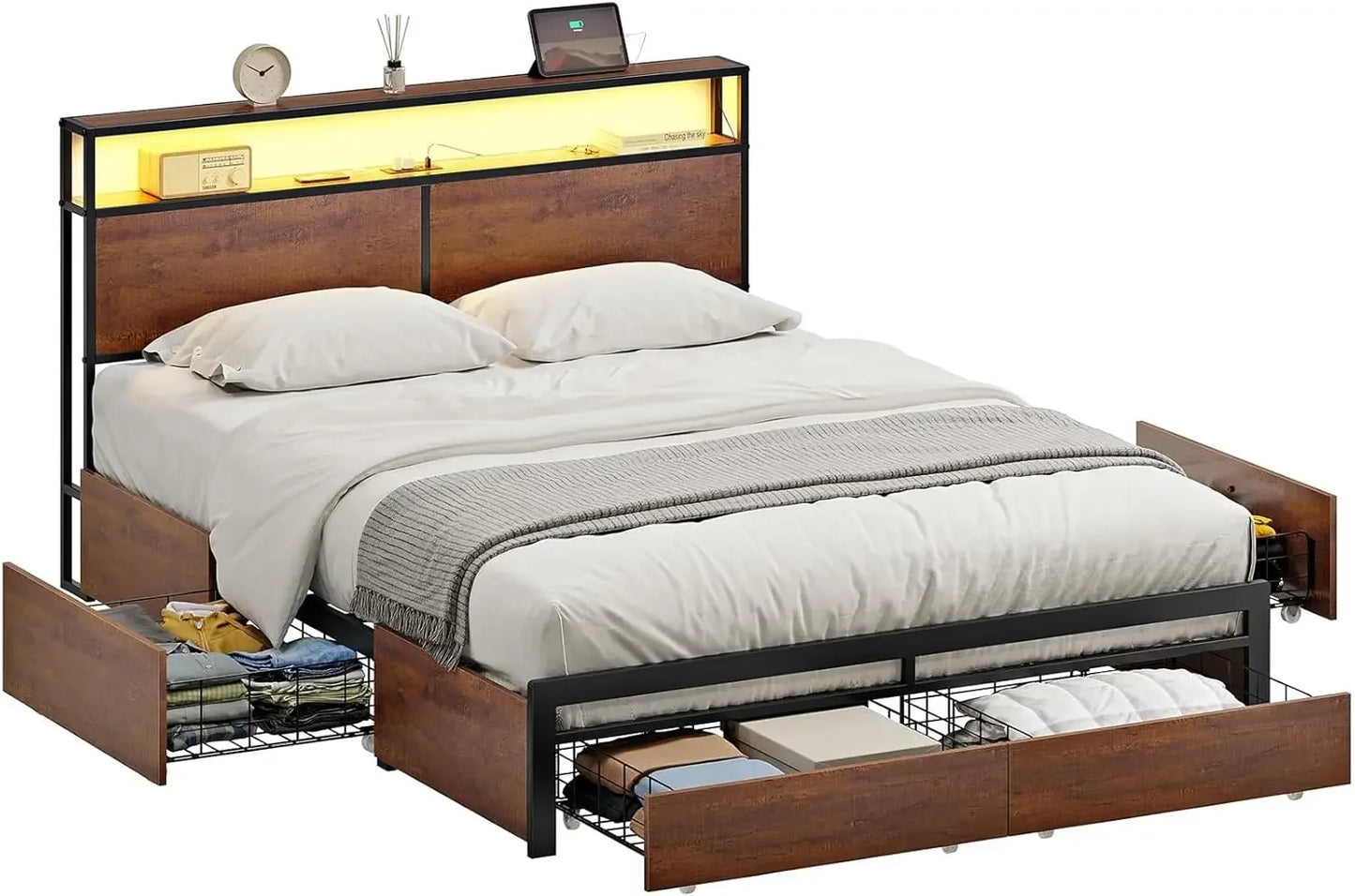 Queen Bed Frame with Storage Headboard and 4 Drawers LED Lights Metal Platform with Non-Slip Surface, Noise-Free Sturdy Meta