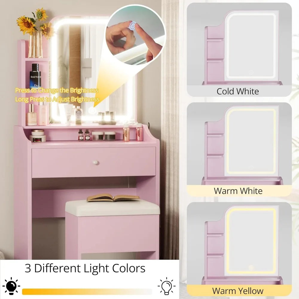 Small Makeup Vanity Desk with Mirror and Lights, Vanity Table Set with Storage Drawer, Chair and Three Shelves, Bedroom,Dressers