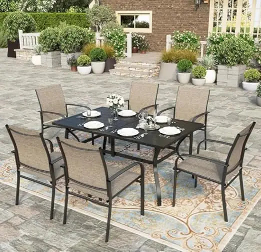 7 PCS Patio Dining Set, Outdoor Table Chairs, Large Table with Double Umbrella Hole for Backyard, Patio Table and Chairs Set