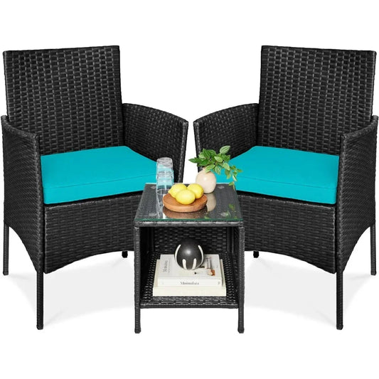 3-Piece Outdoor Wicker Conversation Bistro Set, Space Saving Patio Furniture for Yard, 2 Chairs, 2 Cushions, Side Storage Table