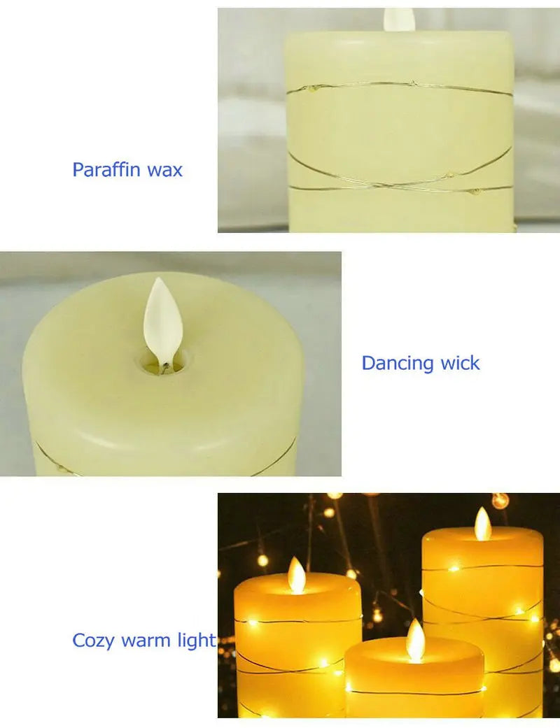 Pack of 3 Led Candle Embedded Fairy String Lights Electric Flickering candle Remote Controlled w/Timer Paraffin Dancing wick