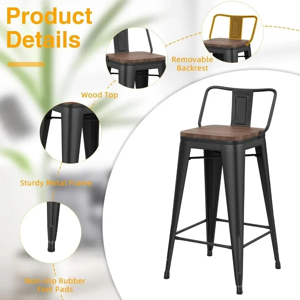 30 Inch Bar Stools Set of 4 Bar Height Metal Barstools with Wood Seat Low Back Kitchen Bar Chairs Matte Black Living Room Chairs