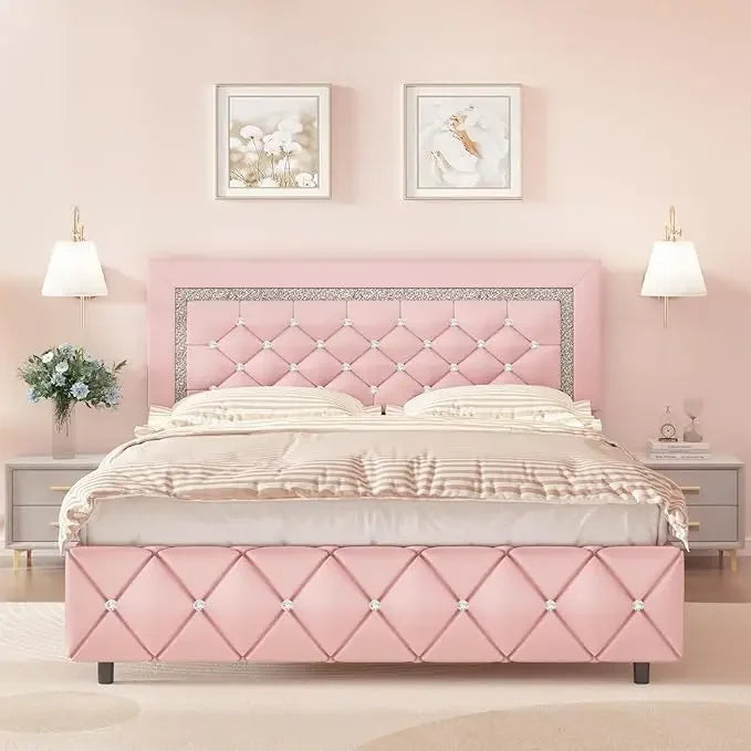 Queen Bed Frame Upholstered Bed Frame with Diamond Tufted Headboard, Faux Leather Headboard & Footboard, Wooden Slats Support