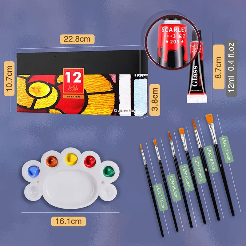 12 24 Colors Stain Glass Paint Set with 6 Nylon Brushes, 1 Palette, Waterproof Acrylic Enamel Painting Kit for Art Supplies