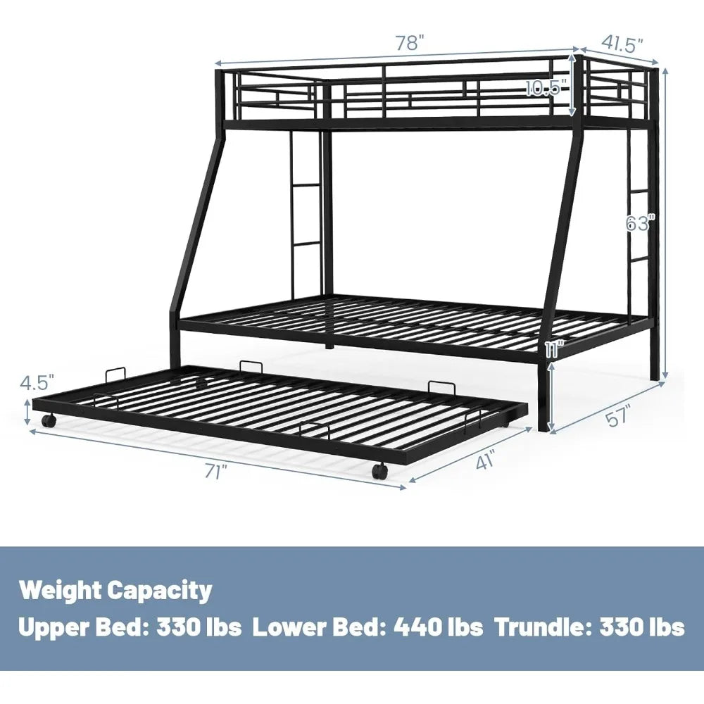 Bunk Bed with Trundle, Heavy-Duty Metal Bunk Bed Frame with Guardrail & 2 Ladders, Space-Saving Bunk Bed for Kids/Teens/Adults