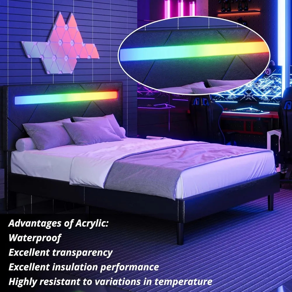 Bed Frame with LED Lights(Smart APP Control), Upholstered Modern Platform Bed Frame, No Box Spring Needed, Bed Bases